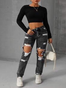 Rivivi Plus Size Ripped Slant Pocket Skinny Casual Jeans - Grey - View 6