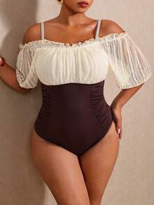 Elaquor Plus Size Elegant Ruched Contrast Color Off-Shoulder One-Piece Swimsuit, Summer Vacation Off Shoulder One Piece Outfit Beach Swimwear Casual For Women - Multicolor - View 8