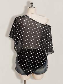 SHEIN ICON 女士不对称肩部黑白波点网纱上衣 - 黑色 - 查看 2