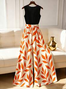 Franclia Mono de pierna ancha sin mangas con estampado botánico de patchwork y cinturón, estilo casual de vacaciones para mujer en primavera/verano - Naranja - Ver 2