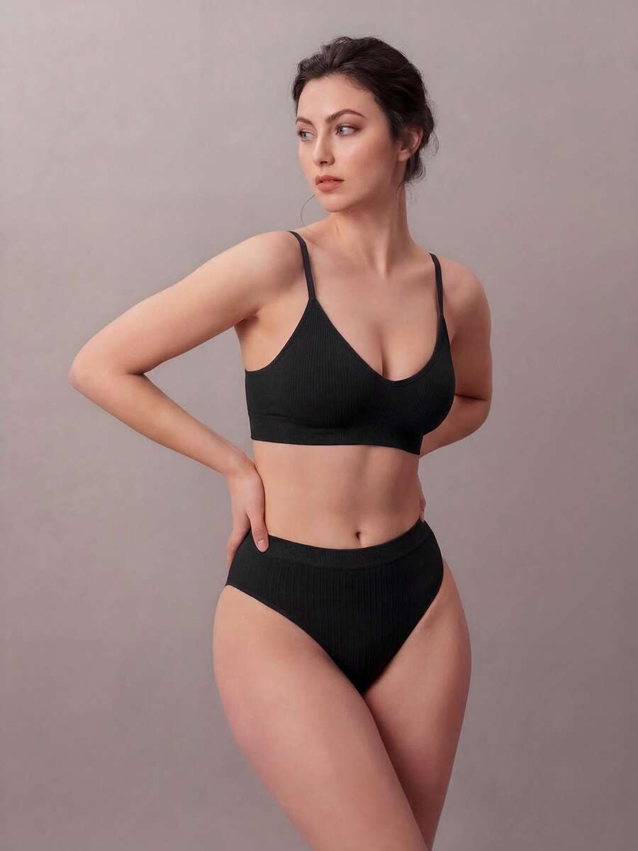 條紋圖案針織無縫內褲 - 黑色 - 查看 1