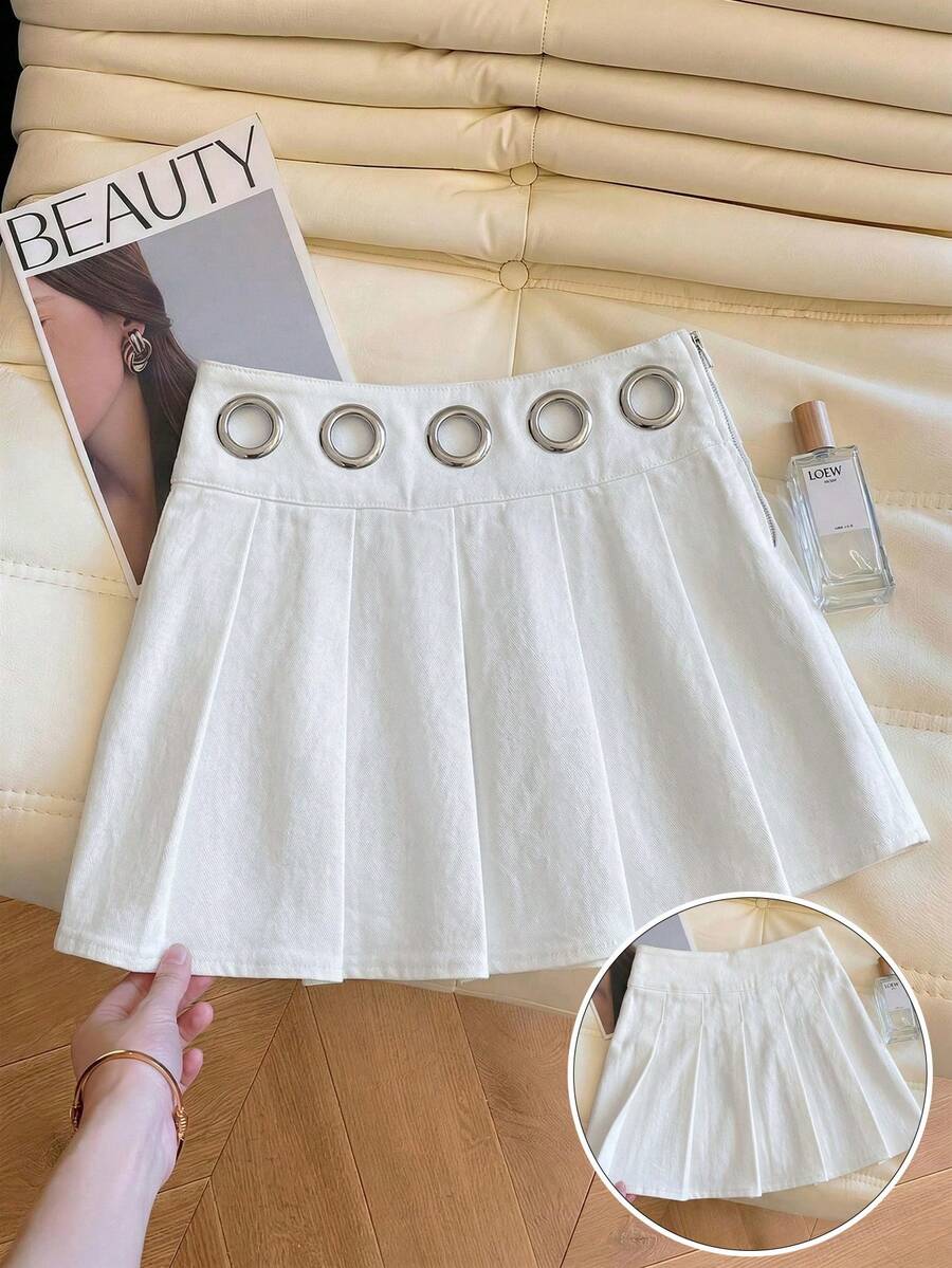 SHEIN MOD تنورة جينز نسائية مطوية على شكل حرف A مع تصميم خصر كورسيه - أزرق متوسط - مشاهدة 1