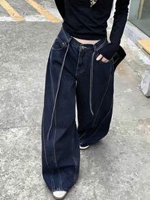 女士水洗系带休闲牛仔裤，秋冬街头风 - 寶藍色 - 查看 4