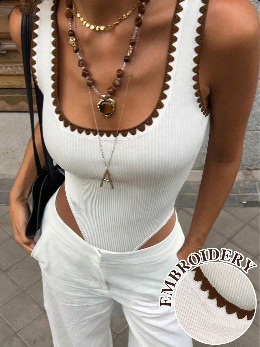 Sundraya Women's Casual Patchwork Bodysuit, Versatile For Daily Wear - White - View 1
