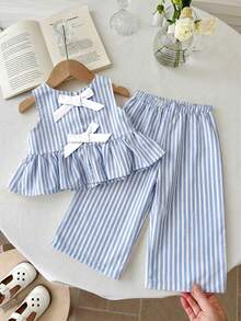 LMoss Kids 2 pièces Ensemble Top sans manches rayé tissé et leggings pour bébé fille - Bleu azur - Voir 1