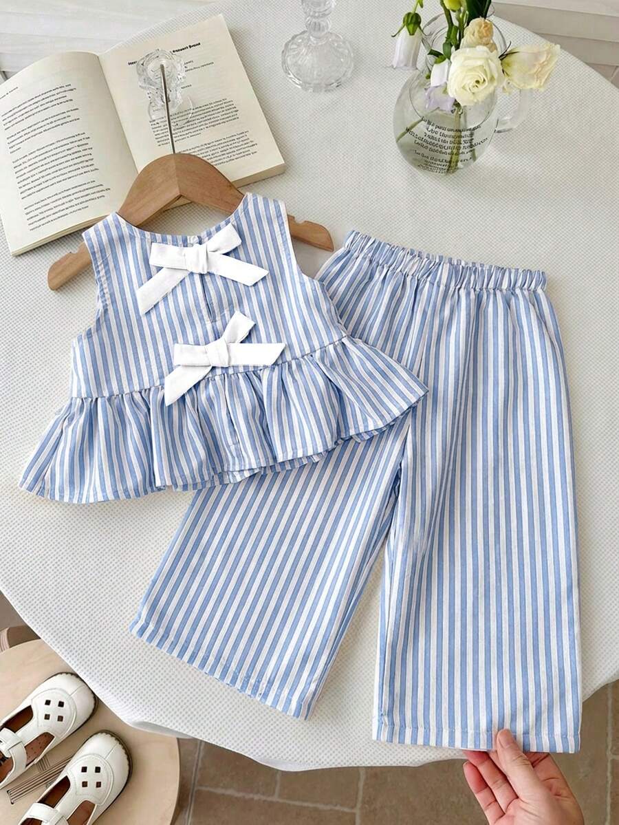 LMoss Kids 2 pièces Ensemble Top sans manches rayé tissé et leggings pour bébé fille - Bleu azur - Voir 1