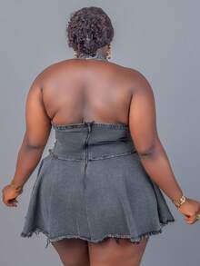 Y2K Frayed Washed Distressed Color Cold Shoulder Ruffle Hem Plus Size Women Mini Denim Dress - Grey - View 2