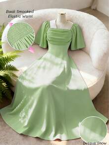 Elenzga Mẫu đầm mới về, cổ vuông, xếp ly phía trước, chất liệu chiffon, hở lưng, thắt eo, kiểu dáng thanh lịch dành cho nữ. - màu xanh lá - Xem 5