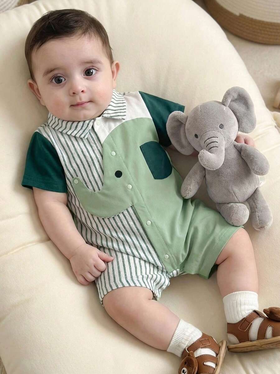 SHEIN Unisex Newborn Baby Boy/Girl Contrast Color Block Blue Striped Cute Elephant Print Short Sleeve Romper, Spring/Summer Baby Clothes - Mint Green - View 1