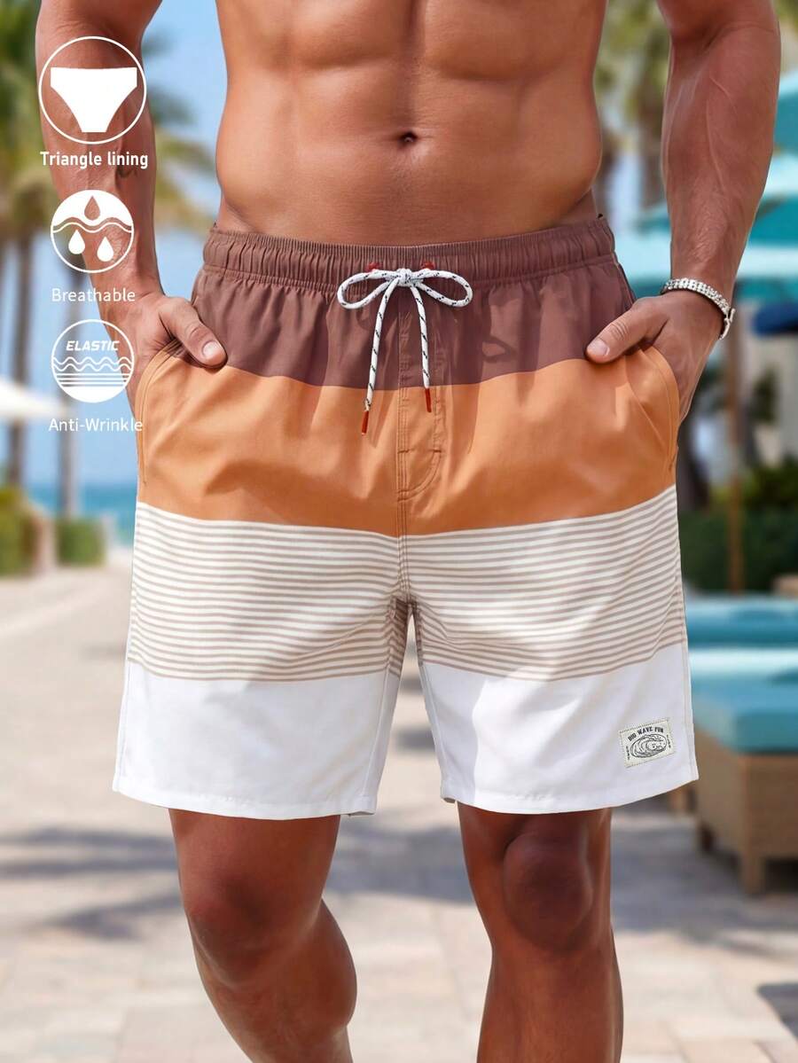 CoralVoy Pantalones cortos de playa para hombre con cintura de cordón y rayas de color contrastante, vacaciones de verano, vacaciones - Marrón - Ver 1