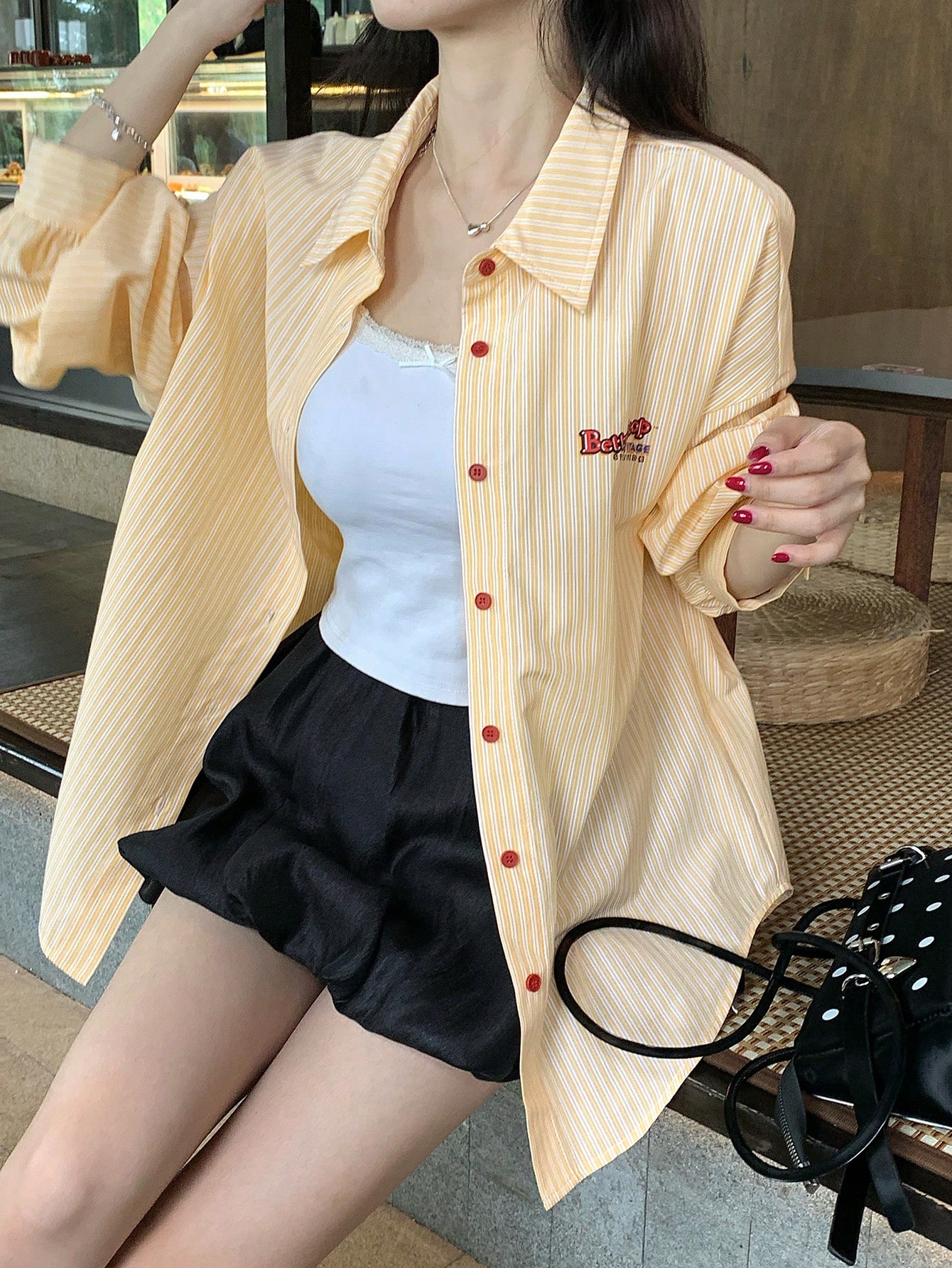 Women's Casual Striped Letter Print Front Button Down Long Sleeve Shirt, Spring