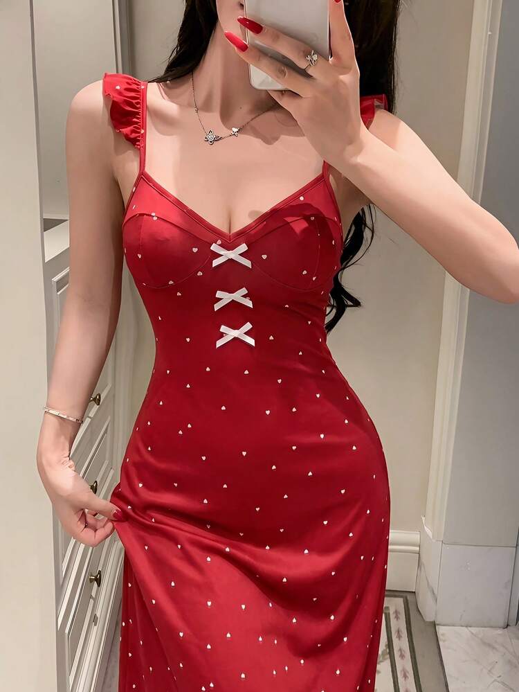 Red Polka Dot Fitted Short Backless Dress, Summer Sleepwear For Women