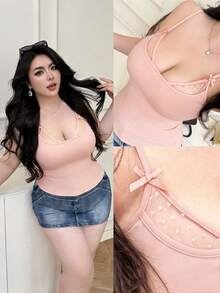 Flirla 2-In-1 Lace Polka Dot Sexy Camisole, Plunging Neckline Slim Fit Camisole Top - Baby Pink - View 1