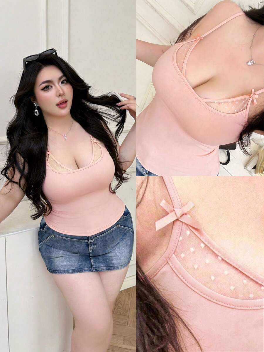 Flirla 2-In-1 Lace Polka Dot Sexy Camisole, Plunging Neckline Slim Fit Camisole Top - Baby Pink - View 1