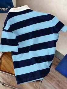 Manfinity Hypemode Men's Striped Patchwork Letter Print Casual Versatile Commuting Short Sleeve Polo Shirt - Multicolor - View 2