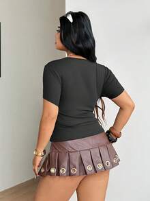 Coolane Damen Große Größen Leoparden-Bustier Quadratischer Ausschnitt Kurzarm T-Shirt, Sommer Nachtausgang Club Rave Streetwear Kontrast Spitze - Schwarz - Übersicht 8