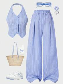 Set de 2 piezas de chaleco sin mangas a rayas y pantalones anchos a rayas para adolescentes, conjunto informal para el verano - Azul - Ver 3