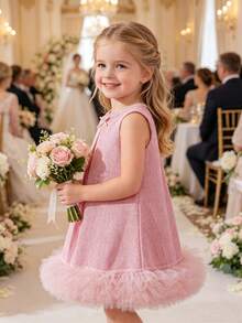 SHEIN Glamorique Kids 一件少女婚礼花童优雅无袖连衣裙，适合婚礼、派对、表演，夏季连衣裙，裙摆饰有花朵图案，优雅高贵，适合宴会和舞台表演。 - 粉色 - 查看 9