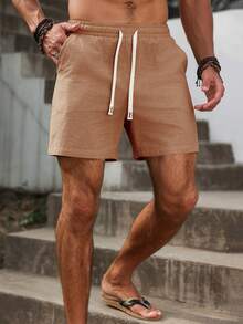 VENTUSAIL Quần short nam mùa hè, màu trơn, kiểu dáng thường ngày, có dây rút ở eo, làm từ chất liệu cotton pha lanh. - màu nâu - Xem 3