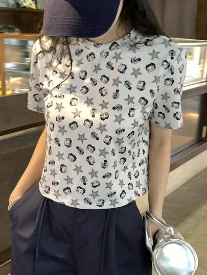 DAZY 女士全印花圆领休闲短袖T恤，夏季