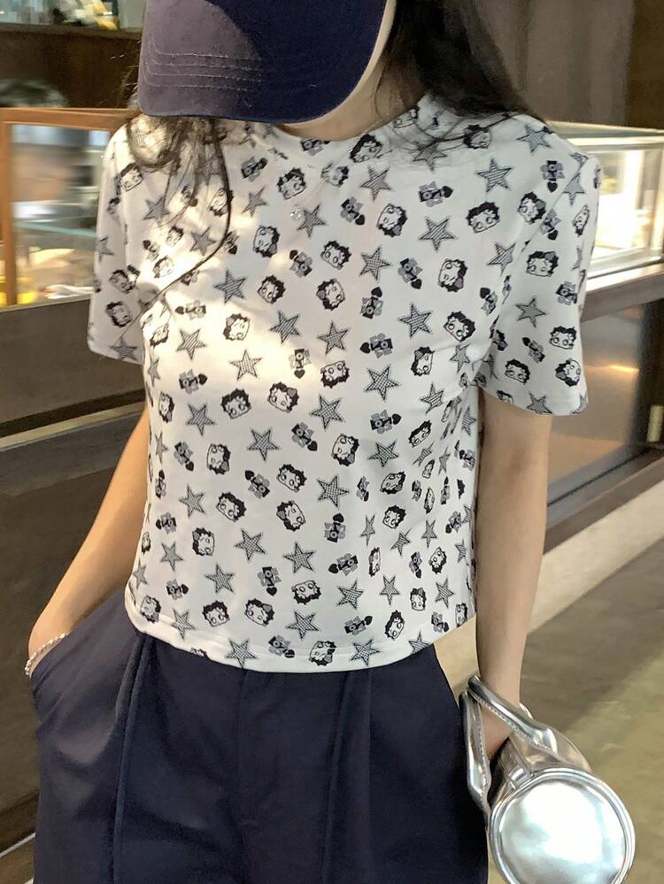 Women's All-Over Print Round Neck Casual Short Sleeve T-Shirt, Summer