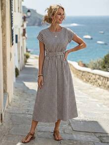 Women's Plaid Print Round Neck Short Sleeve Dress, Summer - Brown - View 4