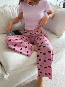 Livesso 女士舒适纯色荷叶边短袖上衣和印花长裤睡衣套装，夏季 - 粉色 - 查看 3