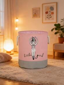 A Pink Folding Fabric Laundry Bucket With A Dancing Girl Design. - Pink - View 7