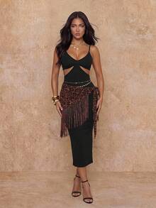 Elin Vora 镂空腰部开衩下摆吊带紧身连衣裙长款度假海滩装女式 - 黑色 - 查看 2