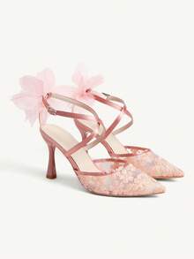 CUCCOO CHICEST Giày nữ mùa thu mới, quai lưới, quai ngang, họa tiết hoa, cao gót, mũi nhọn, thêu. - Hồng - Xem 12