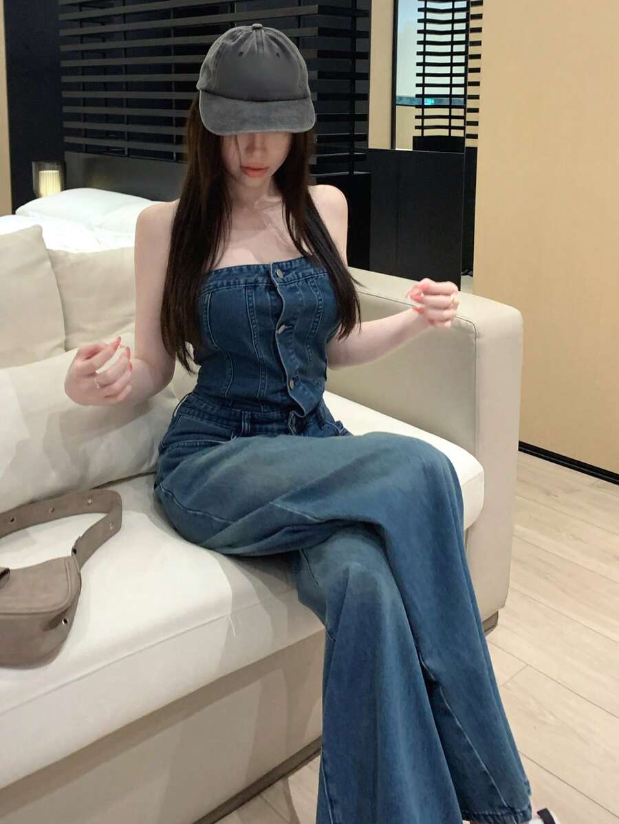 Women's Casual Denim Jumpsuit With Pockets And Buttons, Suitable For Daily Wear - Medium Wash - View 1