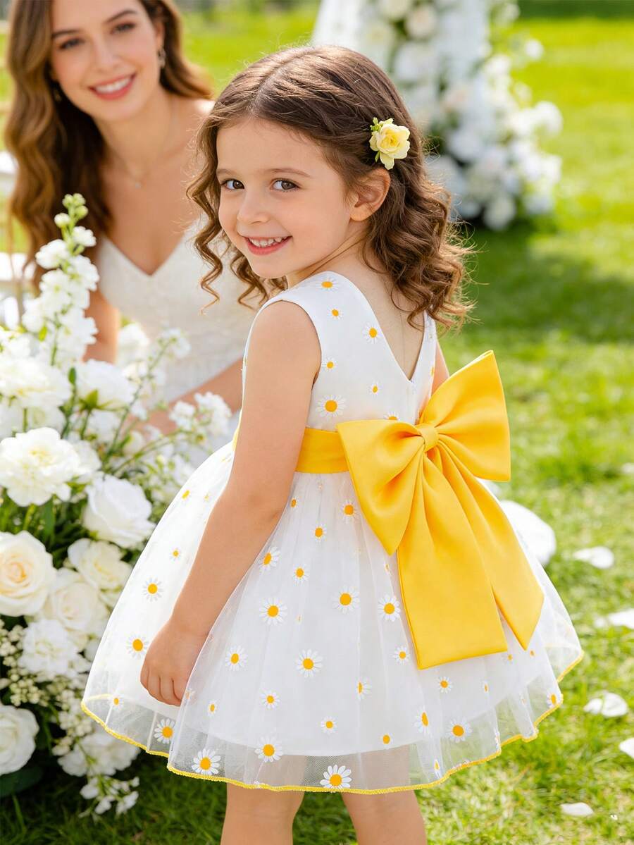 Glamorique Kids 女婴黄色雏菊印花无袖V领网纱缎面撞色腰带露背蝴蝶结连衣裙,女婴节日表演生日派对优雅连衣裙 - 黃色 - 查看 1