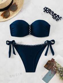 SHEIN Swim 女款夏季海灘純色褶紋斜肩比基尼裝套裝 - 藏蓝色 - 查看 4