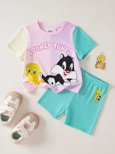 LOONEY TUNES X SHEIN 女婴撞色圆领短袖可爱夏季T恤套装
