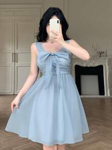 Modelyn 女士法式甜美蝴蝶结系腰短裙 - 藍色 - 查看 3