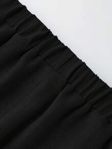 EMERY ROSE Plus Size Women Summer Black Casual Summer Everyday 2 Pieces Set,Crinkle Notched Neck Short Sleeve Top Straight Leg Pants Pockets Minimalist Outfit - Black - View 7