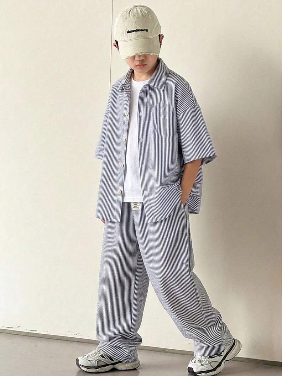 SHEIN 2pcs Tween Boys' Casual Comfortable Striped Polo Shirt & Loose Straight Pants Set - Blue - View 1