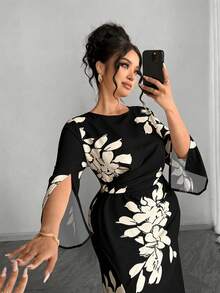 Elenzga Plus Size Women's Elegant Commuter Minimalist Daily Date Party Sexy Daily Banquet Slit Cuff Fitted Apricot Base Black Floral Print Maxi Dress - Black and White - View 3