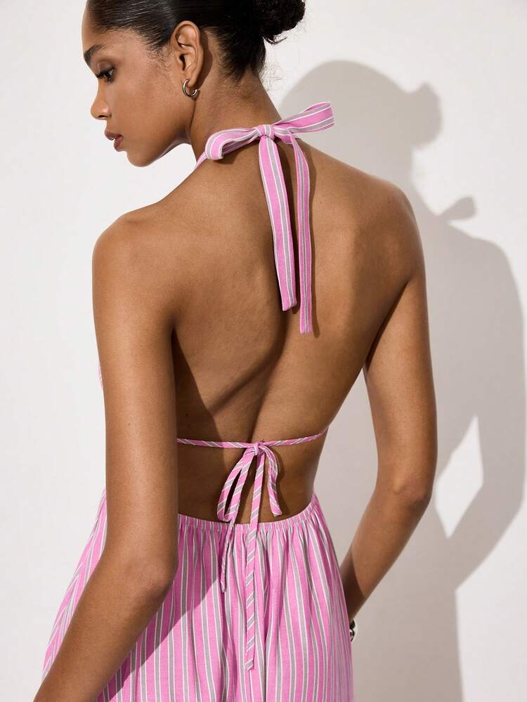 SHEIN Maija Women's Fashionable Versatile Striped Halter Neck Tie Dress