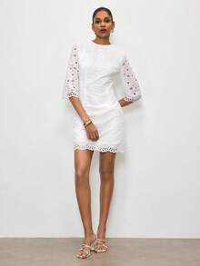 Gossip Girl X SHEIN SHEIN Maija 女士纯色镂空刺绣休闲夏季迷你连衣裙 - 白色 - 查看 3