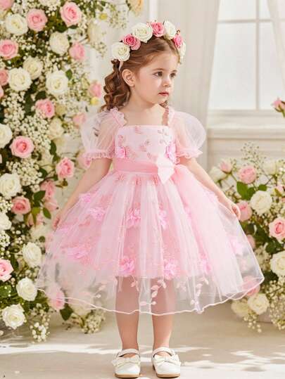 SHEIN Glamorique Kids 女婴公主裙，粉色网纱刺绣连衣裙，生日派对婚礼节日正式场合礼服，泡泡袖，蝴蝶结，3D立体花朵，针织连衣裙