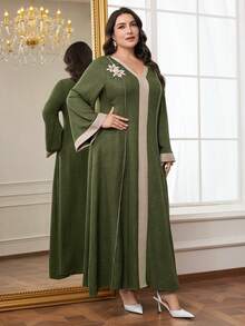 Al Najma 大码女式撞色滚边V领优雅长袖阿拉伯风格连衣裙 - 軍綠色 - 查看 5