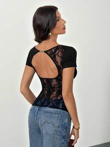 SHEIN Tall ملابس علوية نسائي أكمام قصيرة مخرم بأزرار معدنية، أسود بتصميم الدانتيل، مناسب للخروج والأحداث والحفلات والشارع والعطلات والأجواء البوهيمية والشاطئية والمناسبات الصيفية - الأسود - مشاهدة 3