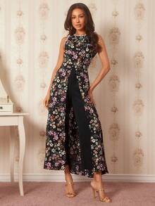 Amorya Bộ jumpsuit không tay xẻ cao, in hoa thanh lịch dành cho nữ mùa hè, cổ áo cài khuy, phối hoa, thích hợp cho mùa thu/đông, trang phục nữ đi học, kiểu cổ điển kín đáo, trang phục giáo viên sang trọng, trang phục mùa hè đi sân bay, váy dự tiệc cưới. - Nhiều màu - Xem 3