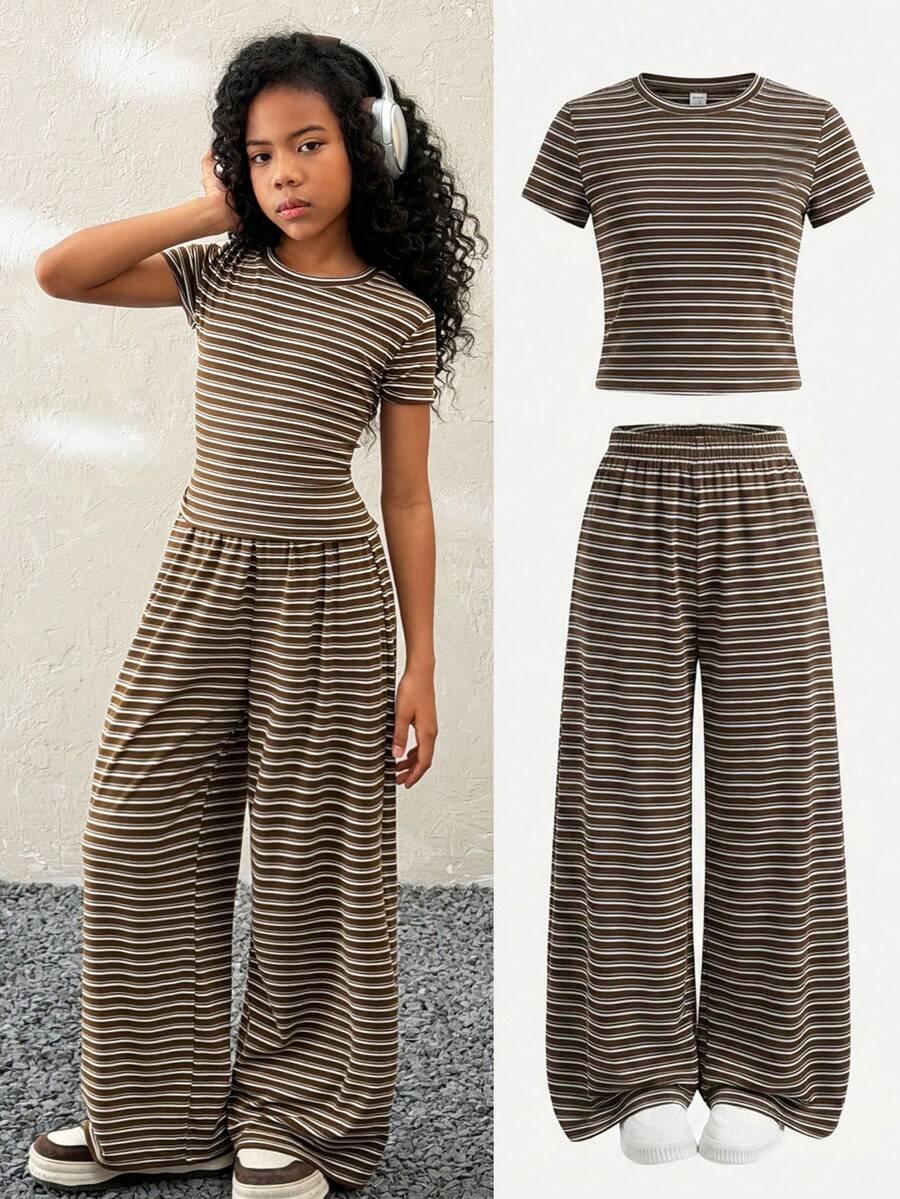 Tween Girls Summer Casual , Striped Crew Neck Short Sleeve Tee And Loose Striped Straight Leg Pants, Clothes Brown Striped Two Pieces Set, Kids Clothes Girl 8 To 12 Years, Brown Striped Clothes For Girls, Kids Clothes Online, Ootd For Kids Girl - Coffee Brown - View 1
