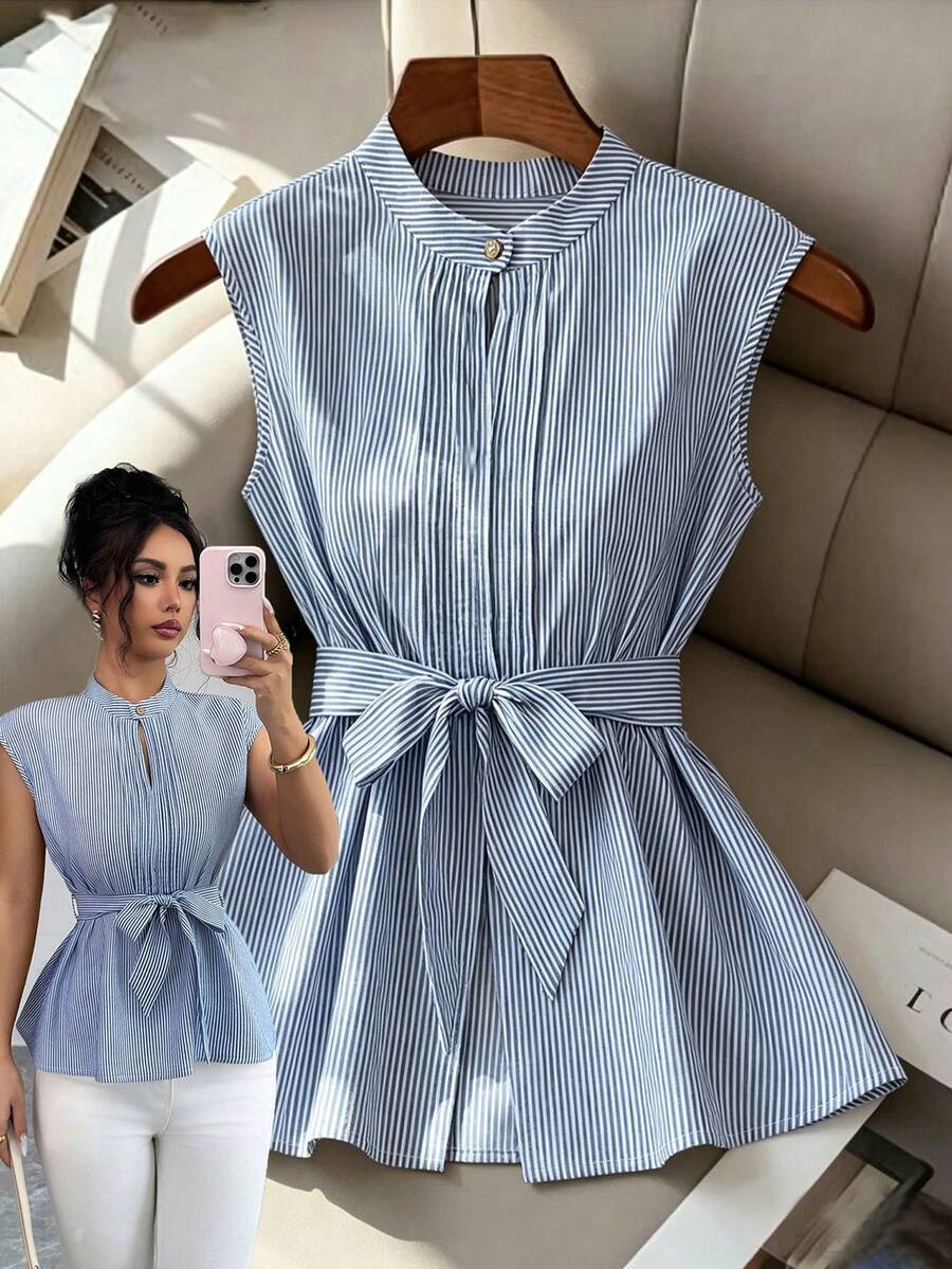 SHEIN Elenzya Áo sơ mi kẻ sọc buộc dây thời trang và thanh lịch dành cho nữ, thích hợp cho mùa hè. - Xanh và trắng - Xem 1