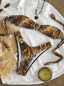 Bonvoyette 豹纹金属扣抹胸比基尼套装，性感炸弹风泳衣，沙滩度假泳装 - 彩色 - 查看 2