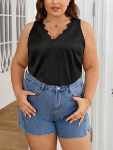 SHEIN Privé Elegant V-Neck Lace Patchwork Shiny Summer Sleeveless Plus Size Blouse, Suitable For Office, Casual Outings, Travel And Holiday - Black - View 5