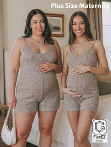 Plussiva 孕妇加大码纯色罗纹休闲连体衣 - 卡其色 - 查看 1