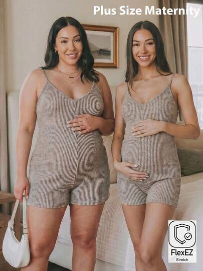 Plussiva Áo liền quần cho bà bầu cỡ lớn, màu trơn, chất liệu gân, kiểu dáng thường ngày.